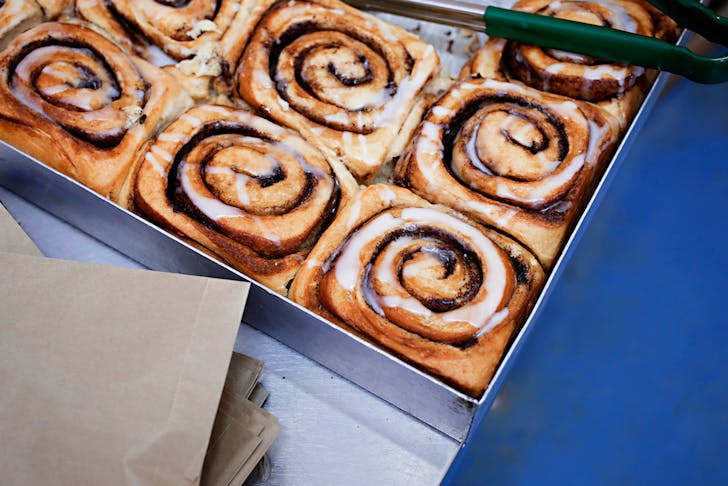 a tray of cinnamon scrolls from Little Loaf Bakery