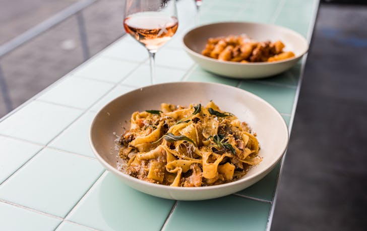 Pasta and wine glass