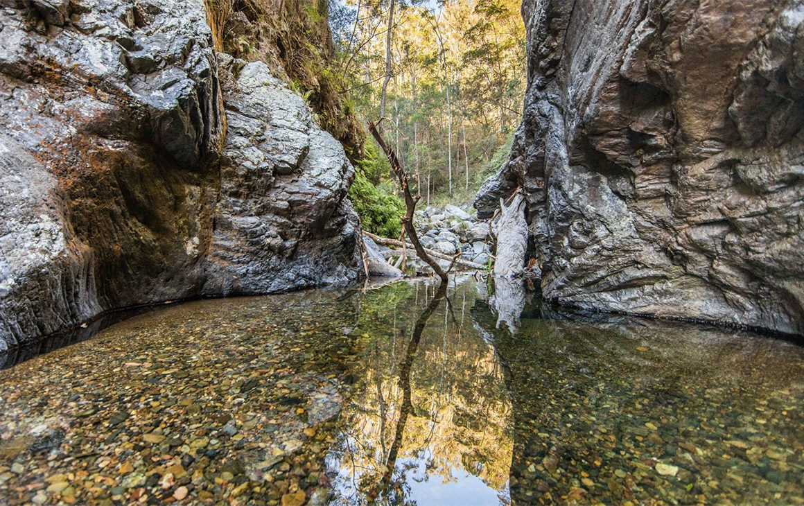 a calm creek bed between rocks