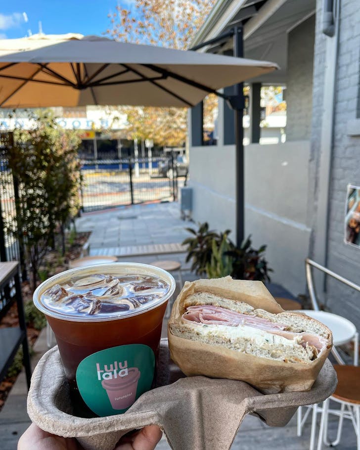 An iced long black and bagel at Lulu Lala in Northbridge