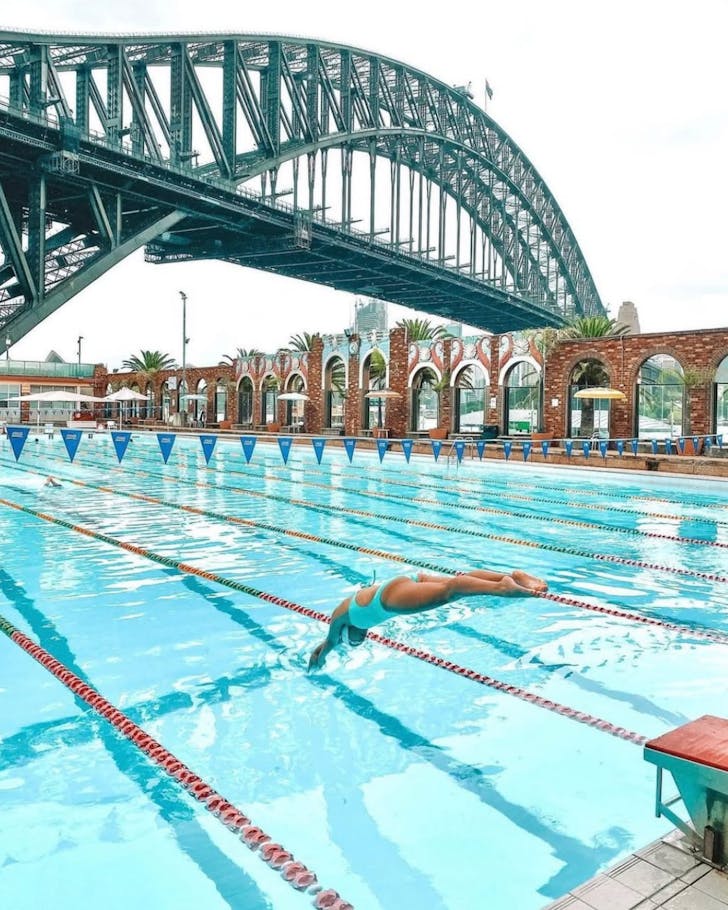 north sydney pool redevelopment swimmer dives into the water with a backdrop of the harbour bridge