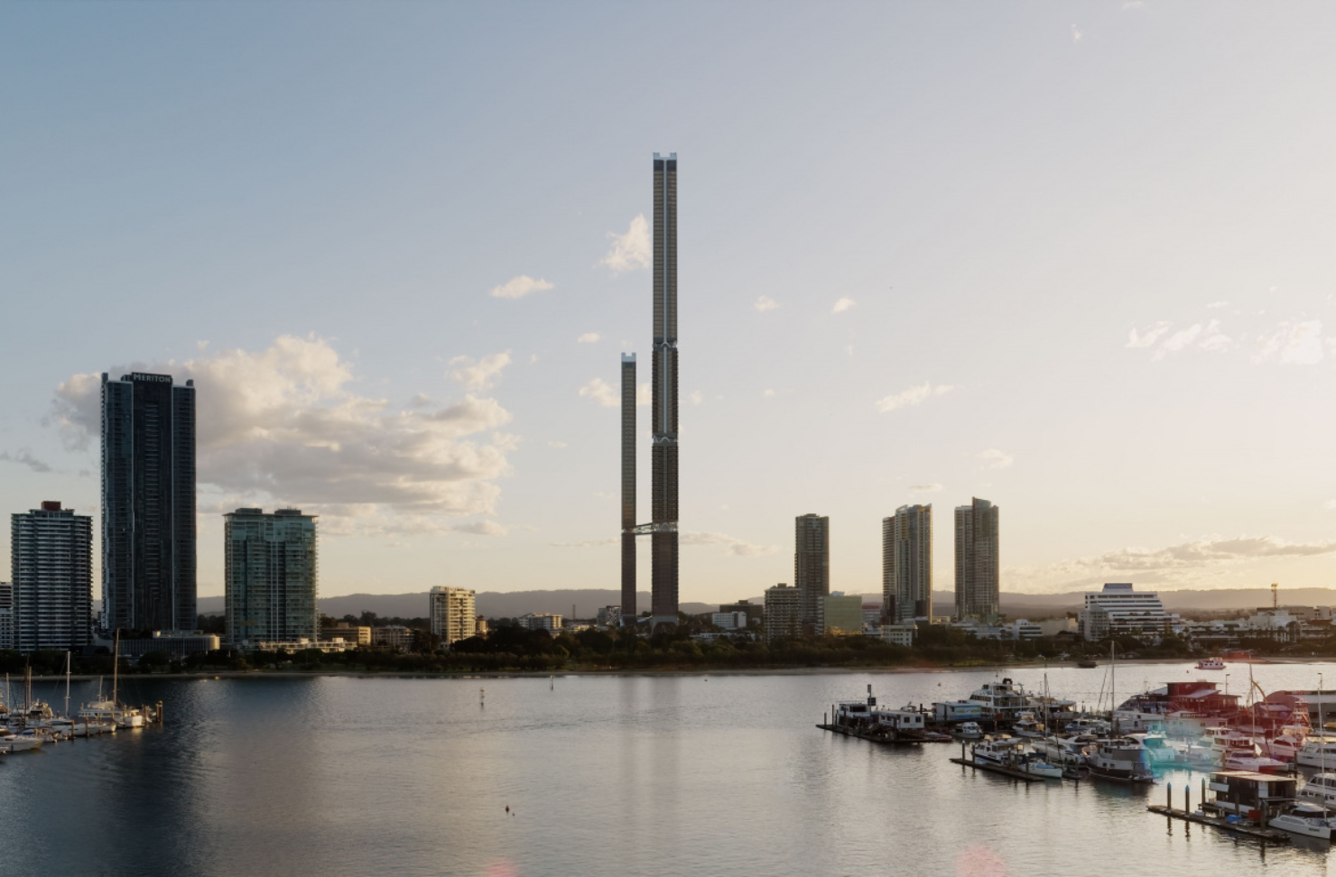 Render of a futuristic skyscraper development at Southport on the Gold Coast, overlooking the marina and city skyline at sunset.