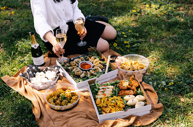 A yum cha picnic spread on a picnic rug in the grass.