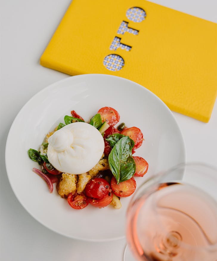 burrata and a glass of wine