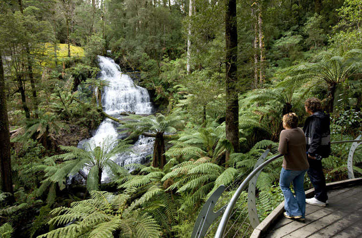 Two people overlooking a waterfall on one of the best scenic drives in Victoria.