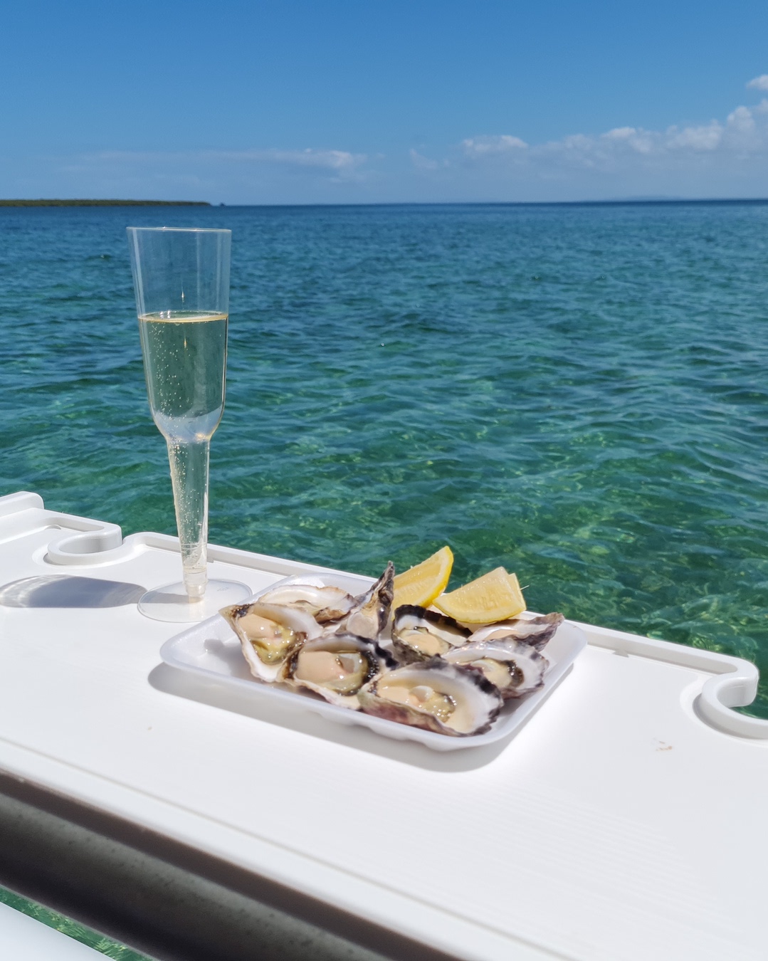 A tray of oysters and glass of champagne on a boat overlooking clear blue ocean.