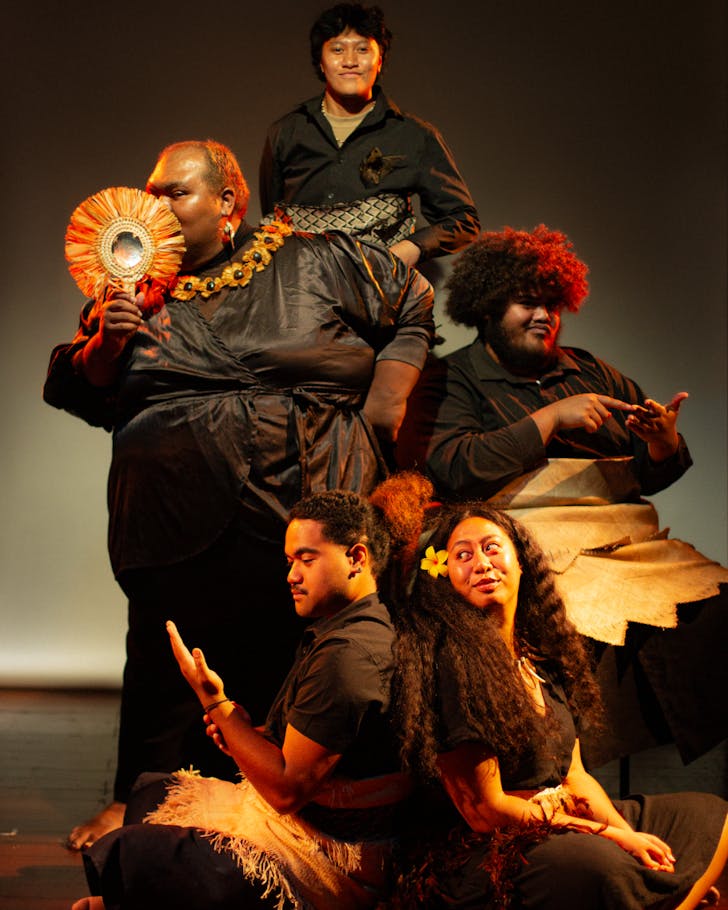 The five person cast of Tafatolu posing for a glamour shot in traditional Pasifika attire.