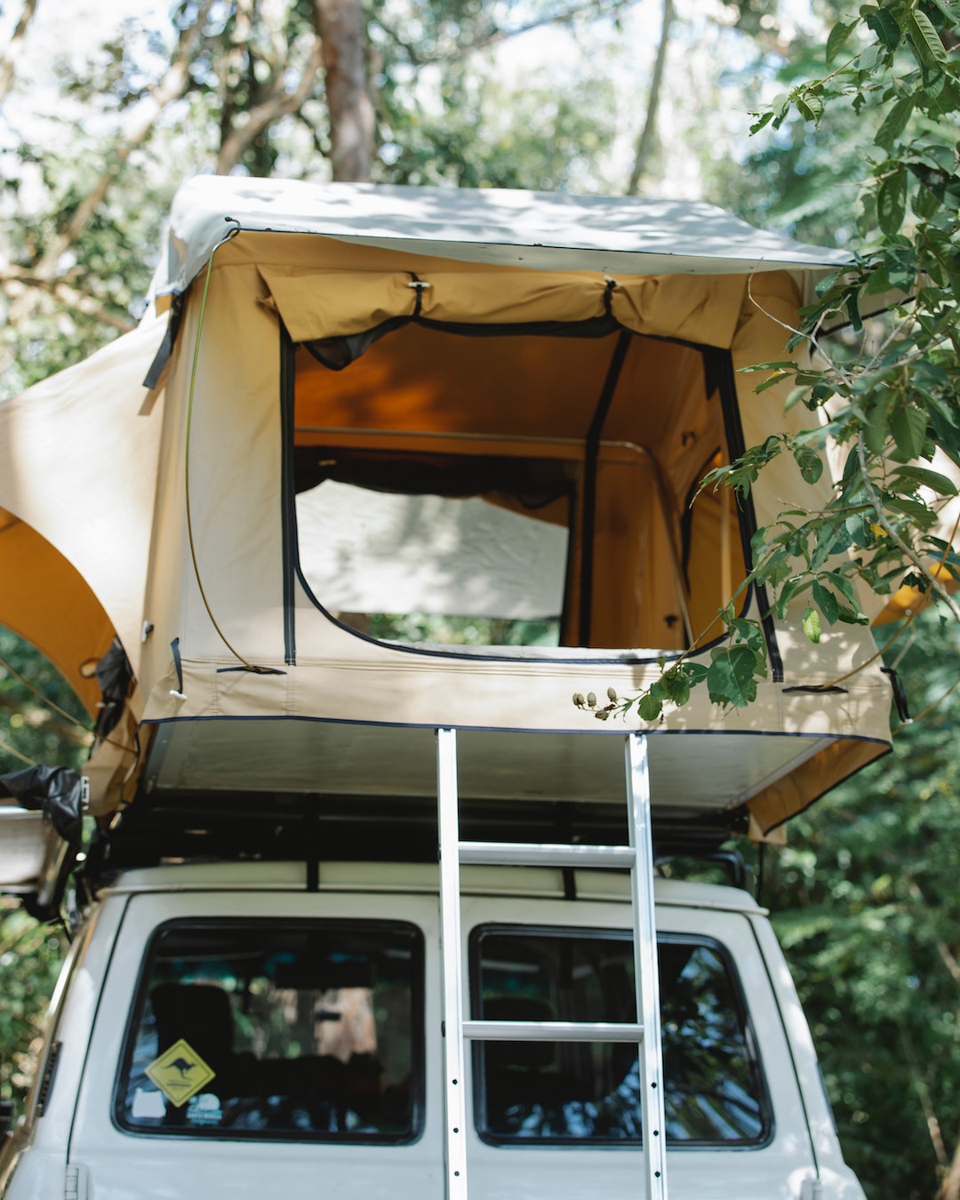 A pop-up tent on top of a vehicle at a Queensland bush campsite