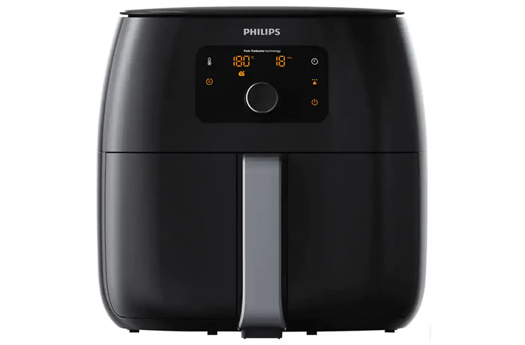 A sleek black Philips airfryer, considered one of the best air fryers on the market.