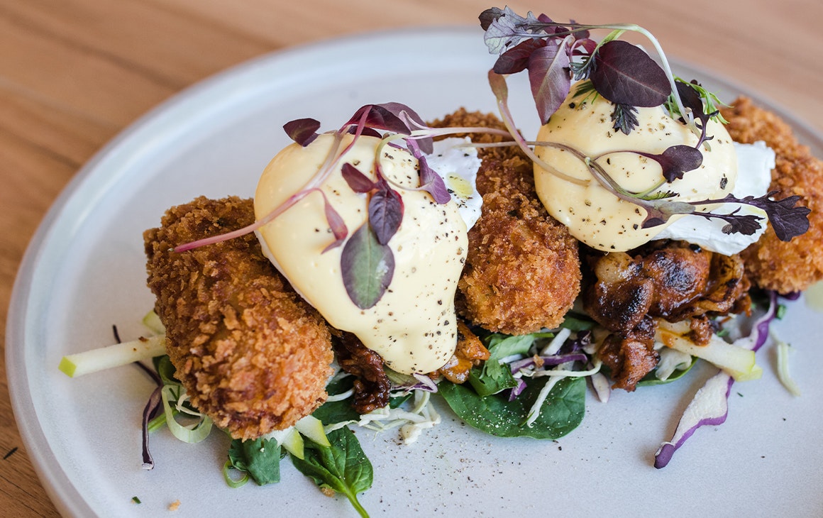 plate of croquettes and poached eggs