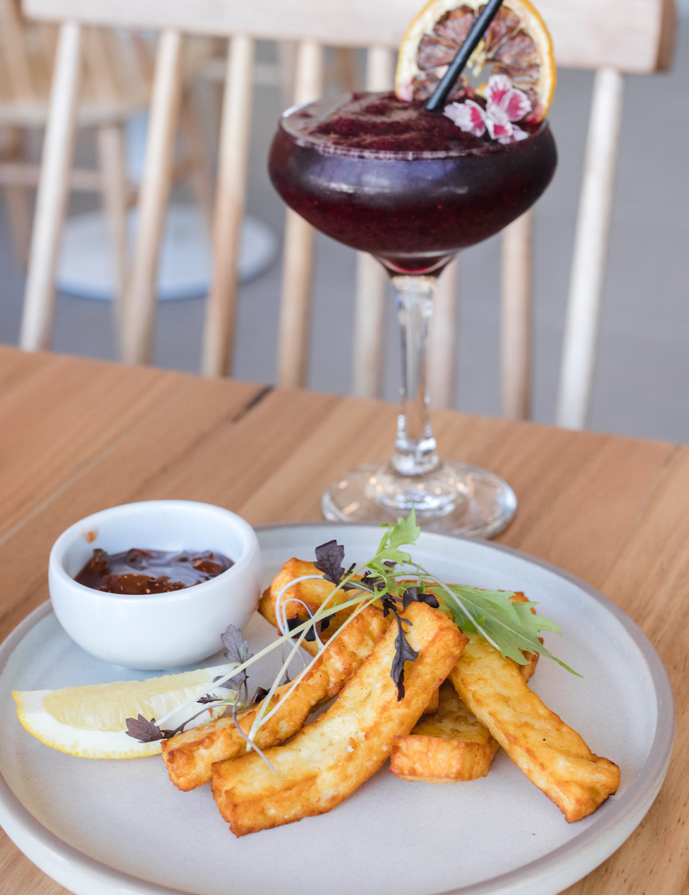haloumi chips and a cocktail