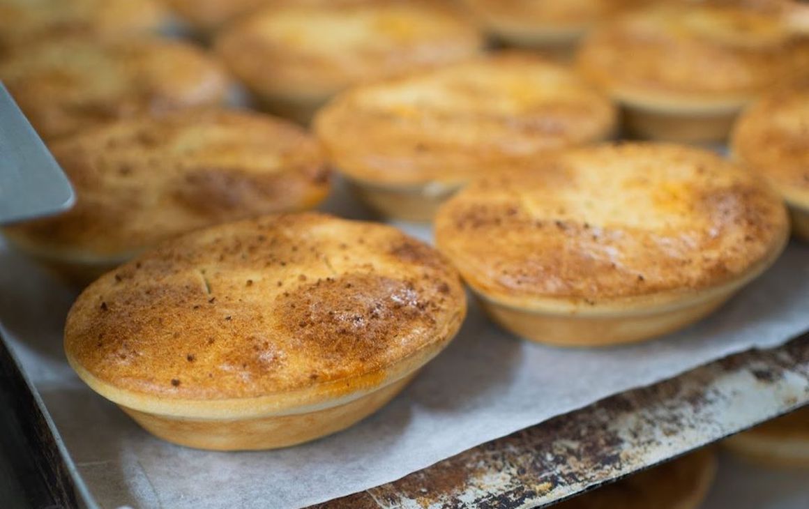 baking tray full of pies from Pinjarra Bakery