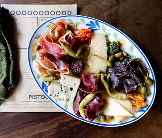 A brightly coloured plate of cheese and charcuterie from Pistou, Newtown. 