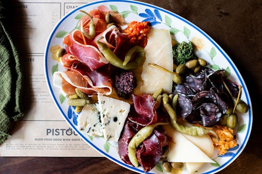 A brightly coloured plate of cheese and charcuterie from Pistou, Newtown.