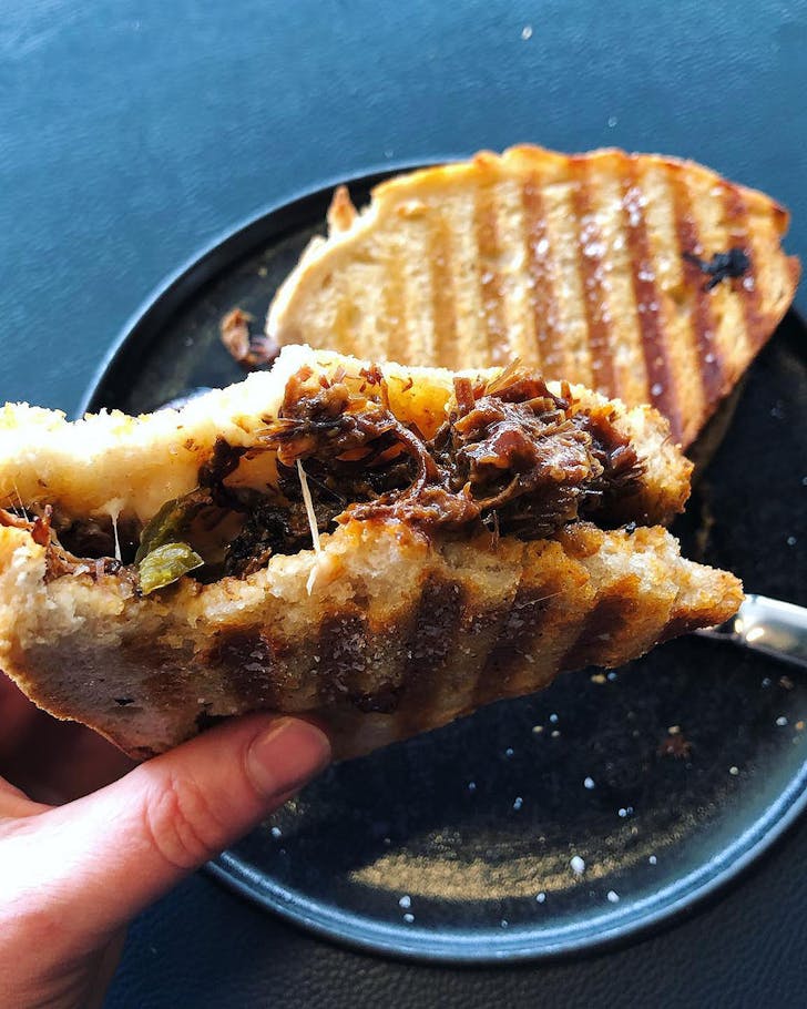 chipotle beef cheek w mozz and jalapeÃ±os at Porta Via, one of the best cafes in Nelson.