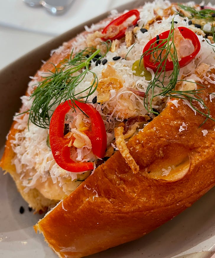 a prawn roll from Arrival Hall