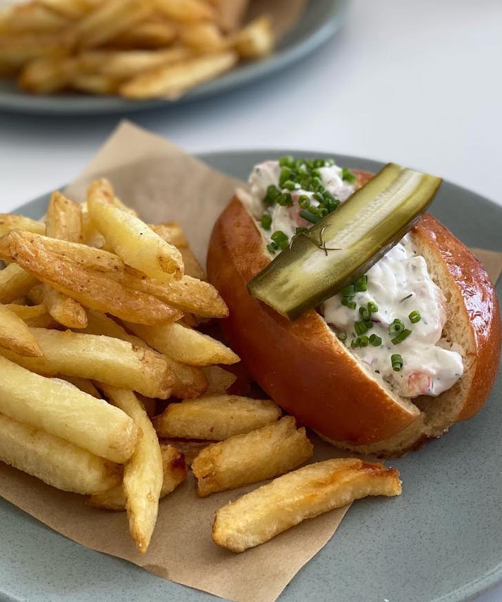 A prawn roll with chips from Stone Jetty