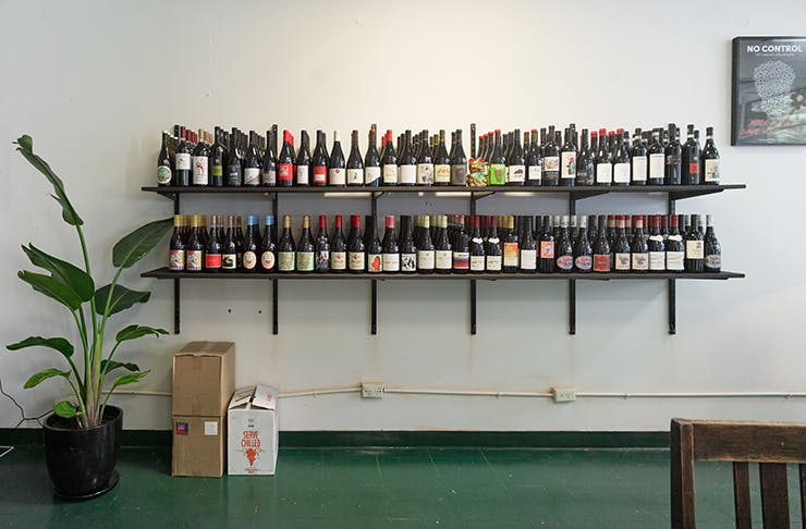 Wine shelf stock up at Punchin' Bottles wine store.