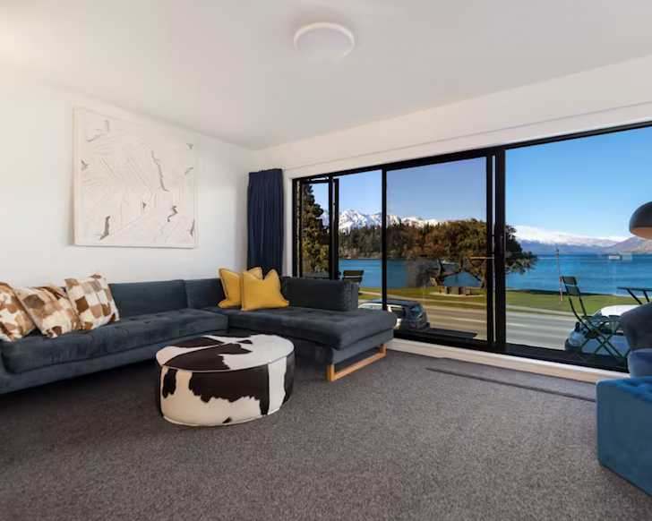 The water view from the living space at Lakeside Bliss one of the best Queenstown Airbnbs