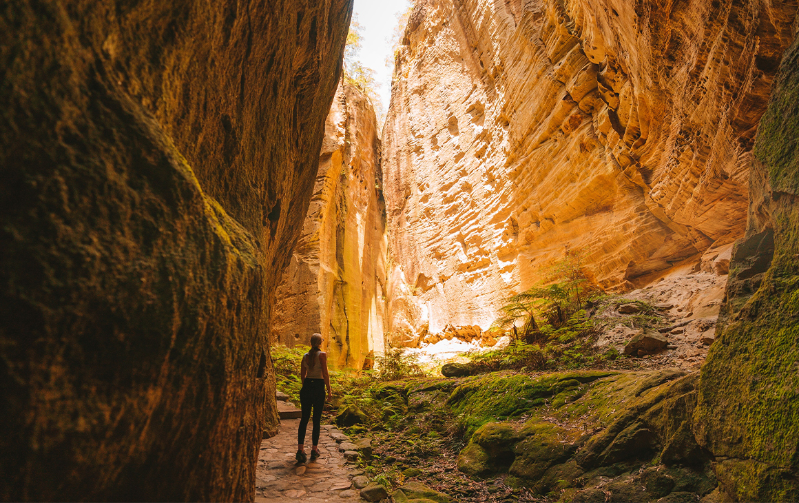 a person standing in a deep, narrow gorge