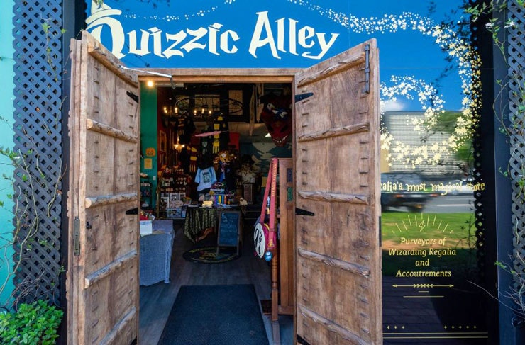 The front entrance of the Harry Potter-inspired shop, Quizzic Alley. 