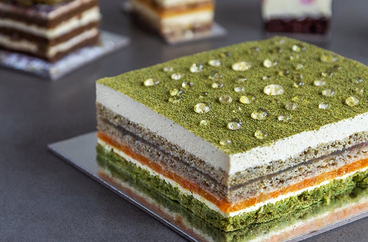 A decadent green cake