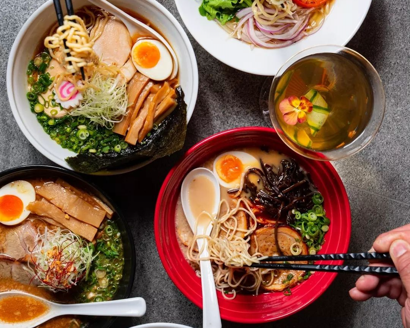 A table full of ramen from IPPUDO in Perth