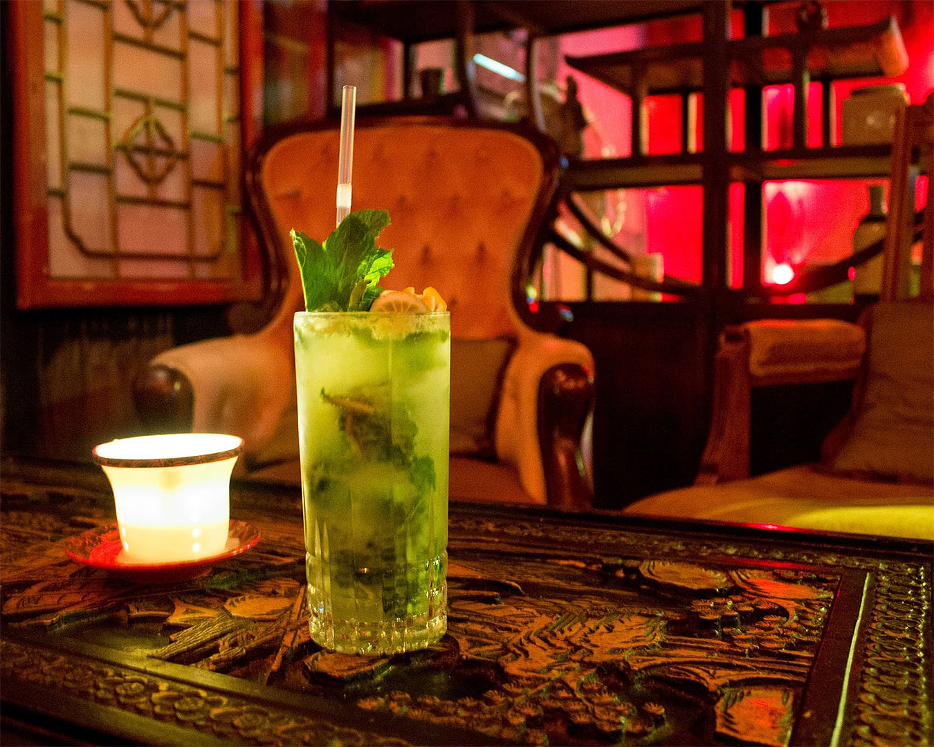 An appetising looking green drink on a table at Red Light District Bar.