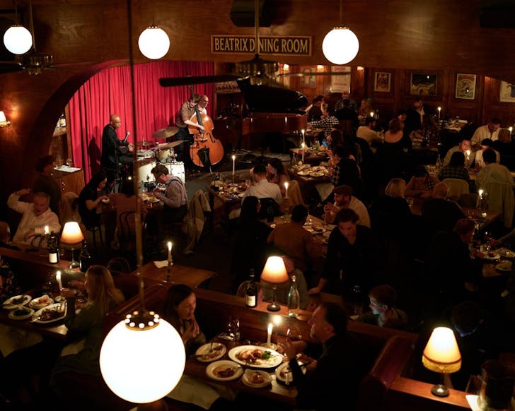 A jazz band performs at Restaurant Hubert, one of the best restaurants in Sydney with live music