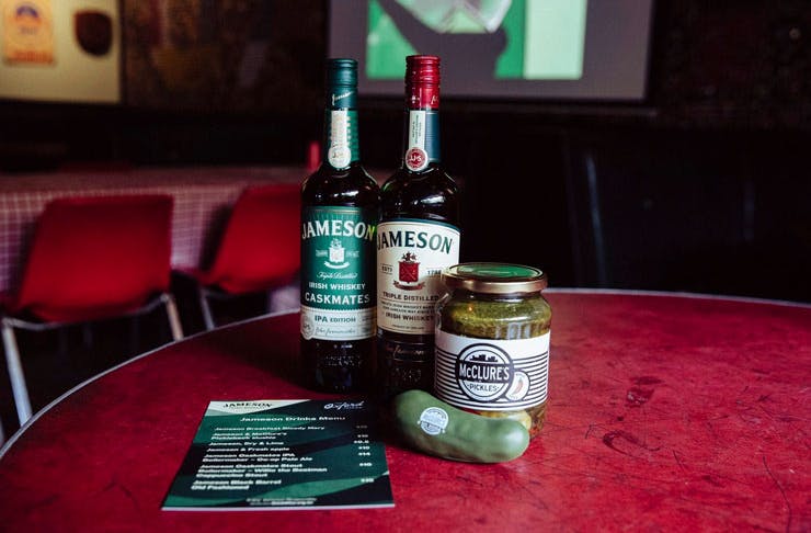Two bottles of Jameson whisky with a jar of pickles at The Oxford Tavern in Petersham, Sydney. 