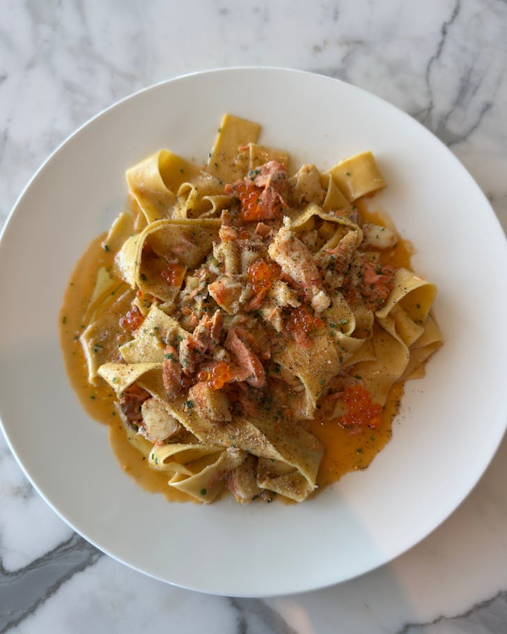 a bowl of lobster bisque pappardelle at the ritz carlton lobby lounge