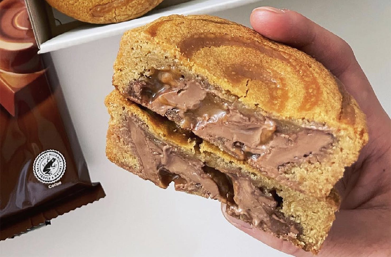 Up close with a Rolo cookie pie.