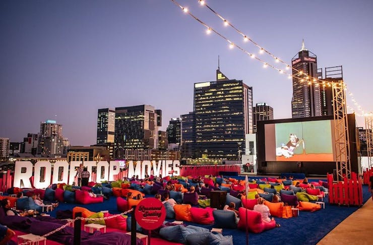 Rooftop Movies at dusk