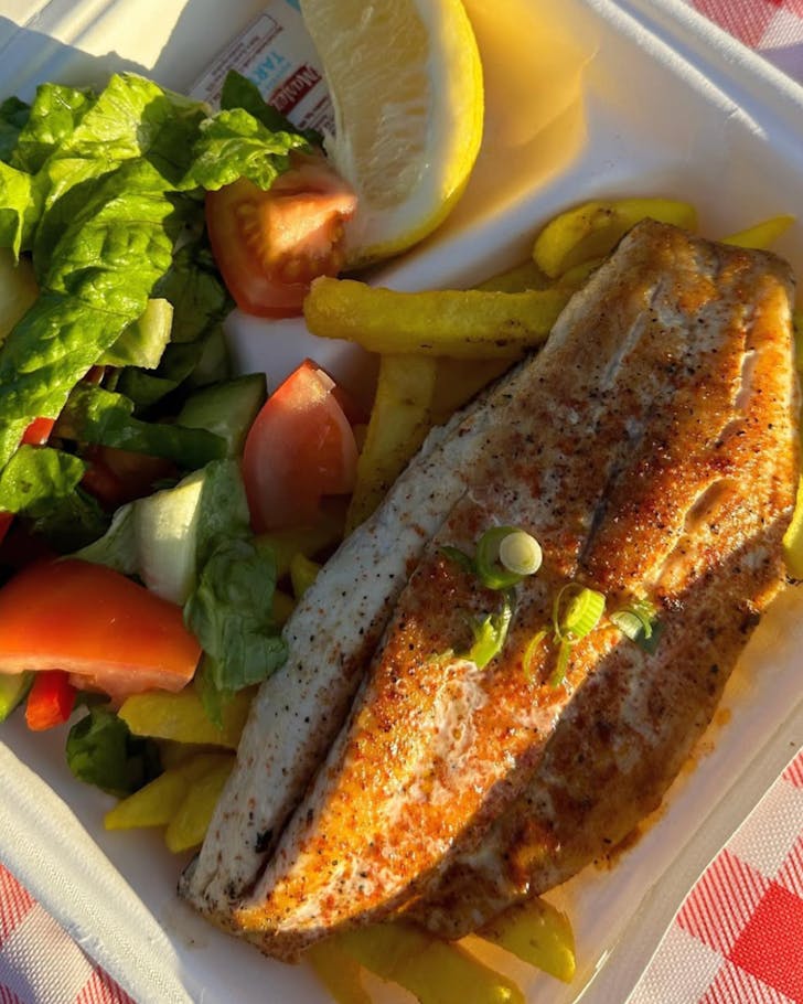 Above view of a takeaway box open nicely on a red and white checkered picnic blanket. A close up of the takeaway box food shoes a crispy piece of fish on top of chips, with salad on the side. The sun is shining on the food.