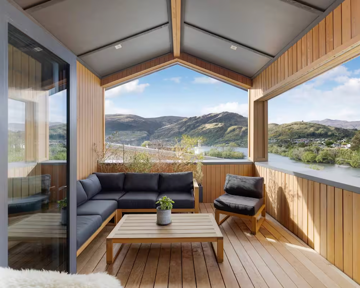 The covered balcony with a view at River Retreat one of the best Queenstown Airbnbs