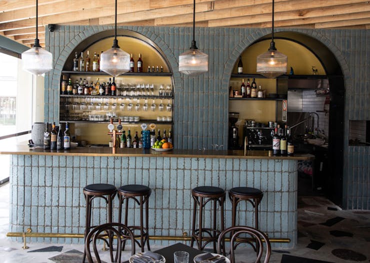 The blue-tiled bar at Sella Vinoteca in Sydney. 