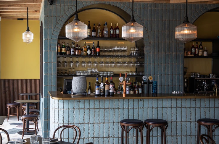The blue-tiled bar at Sella Vinoteca in Sydney. 