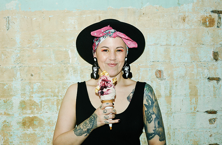 Shannon Martinez holding a vegan ice cream.