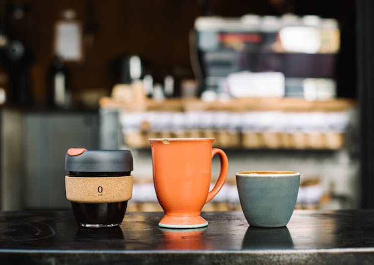 Assorted resusable coffee cups from Single O. 