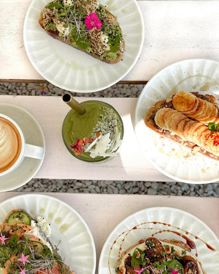 A picnic table full of plates of avocado toast at Siren's, Townsville.
