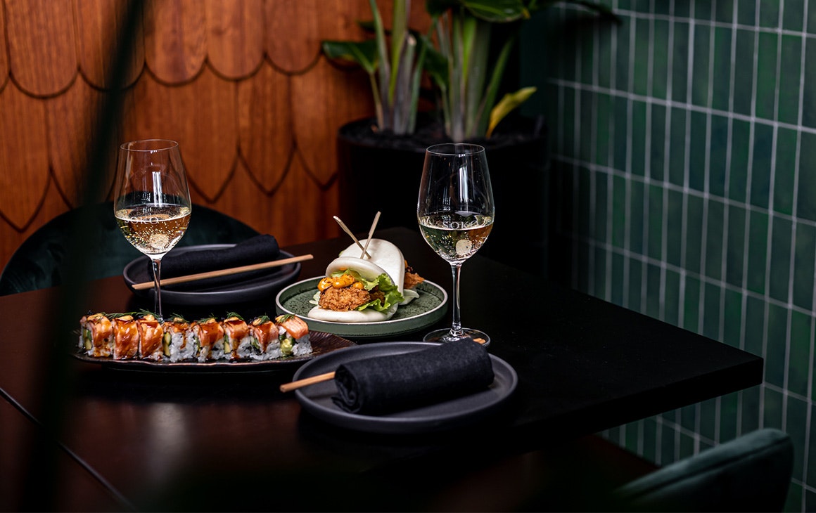 dishes and drinks on a table
