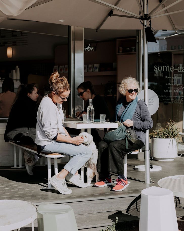 A group of people and a dog enjoying brunch at Someday in Floreat