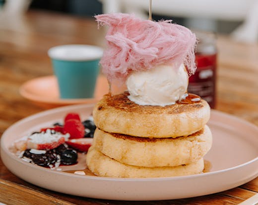 pancake stack with fairy-floss and ice cream
