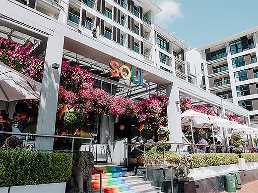 The exterior of Soul Bar and Bistro colourfully decorated.