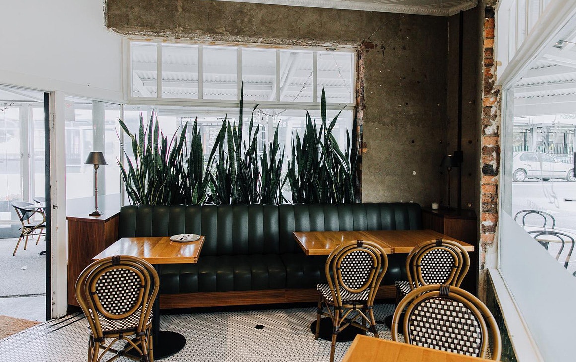 interior of botellon restaurant with green leather banquette seating in front of mother in laws tongue plants