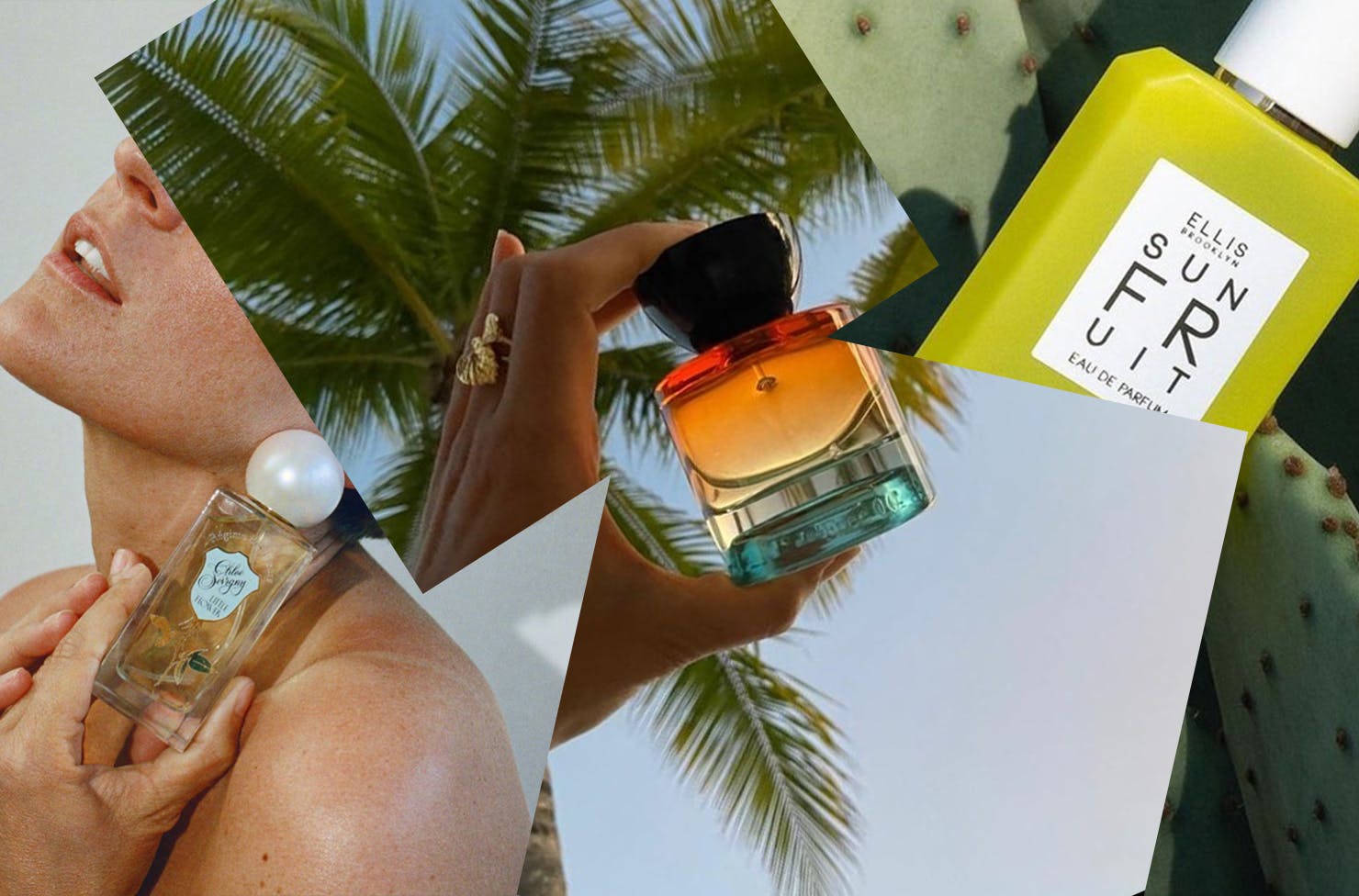 A collage featuring spring perfumes from Regime des Fleurs, Vyrao, and Ellis Brooklyn. 