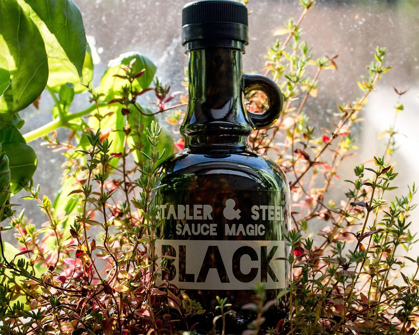 Stabler & Steel's Black Sauce magic sits amongst herbs in front of a window.