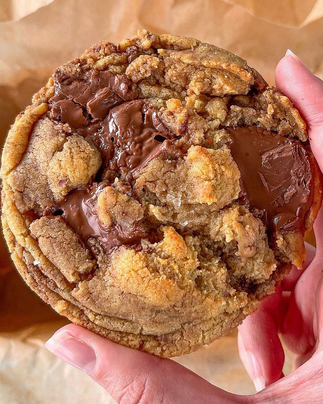 Someone holds up a perfectly gooey cookie up to the camera.