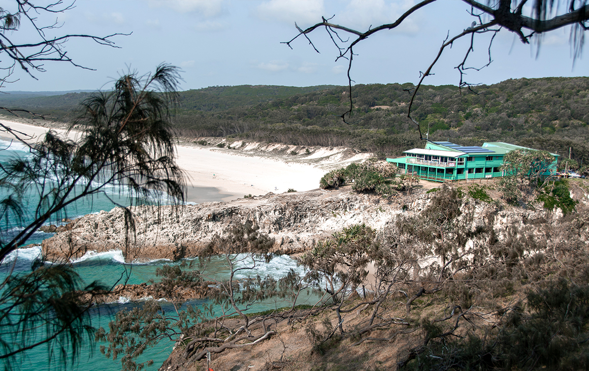 the eastern beach of stradbroke island Queensland seen through trees from a hill