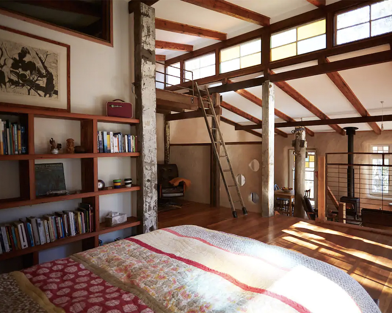 The rustic interior of Strawbale Cottage.